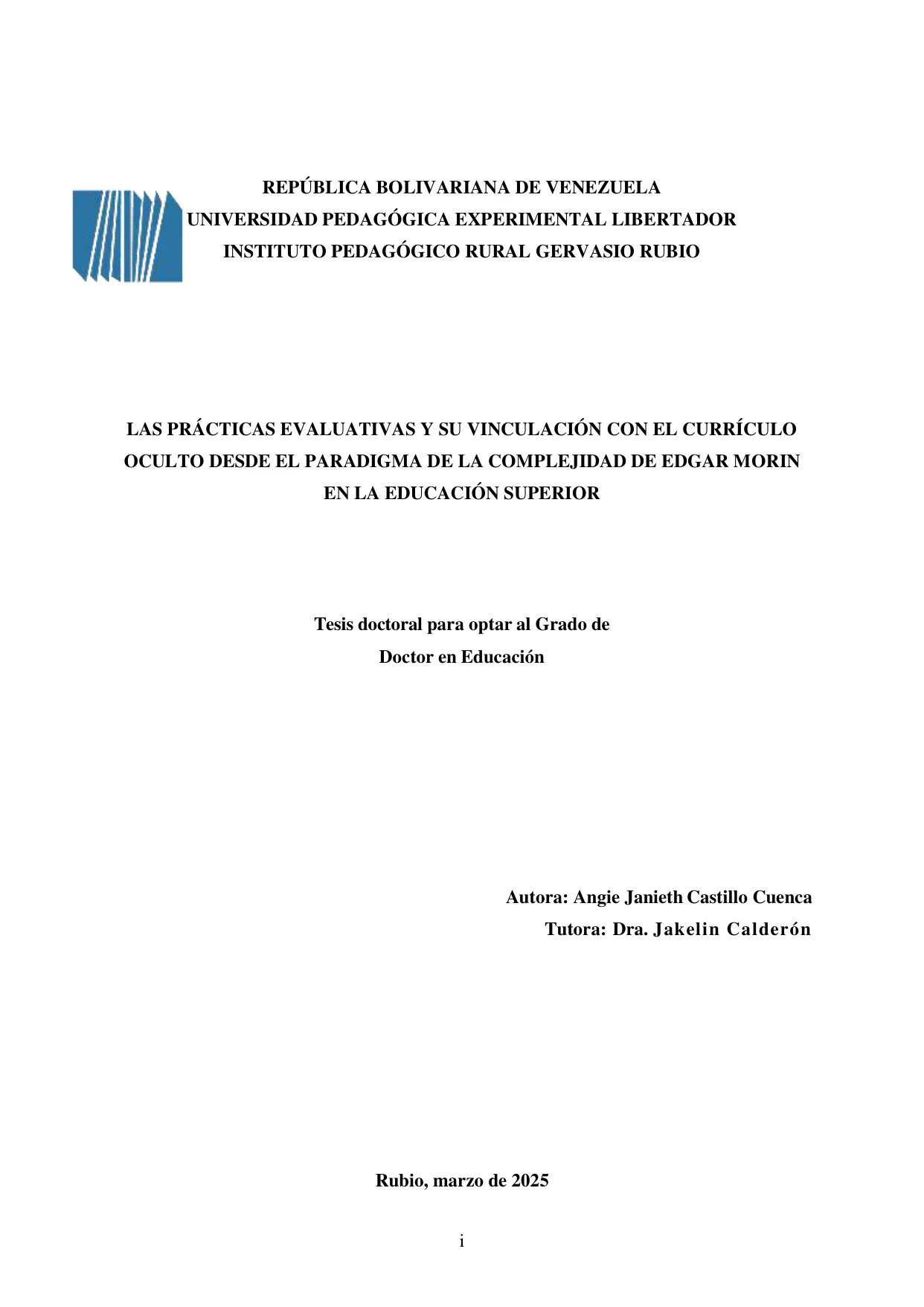 Portada de la tesis doctoral de Angie J. Castillo Cuenca, UPEL 2025