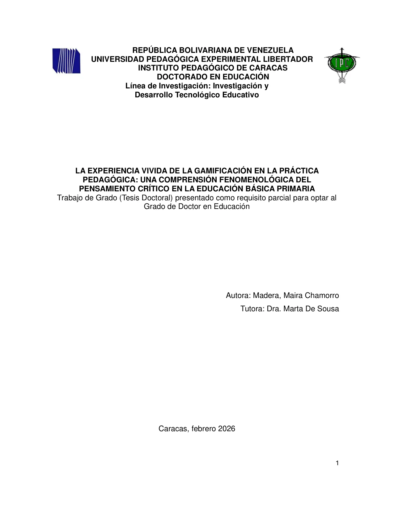 Portada de la tesis doctoral de Maira Chamorro, UPEL 2026