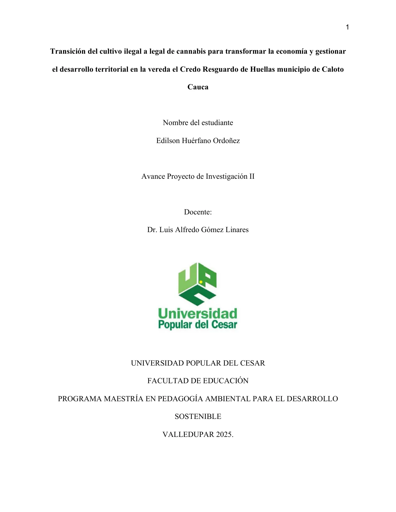 Portada de la tesis de maestría de Edilson Huérfano Ordóñez, UPC 2025